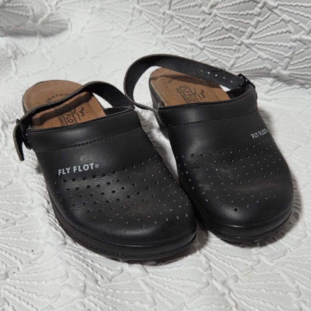 Fly Flot Anatomic Black Leather Clog Sandals Anti Shock Womens Sz 8.5 EU39 Italy